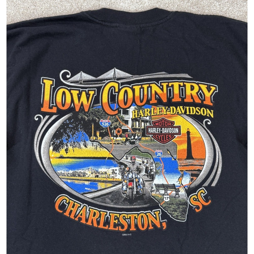 Harley Davidson Pocket T-Shirt LARGE Black Biker Y2K 2005 USA Charleston, SC